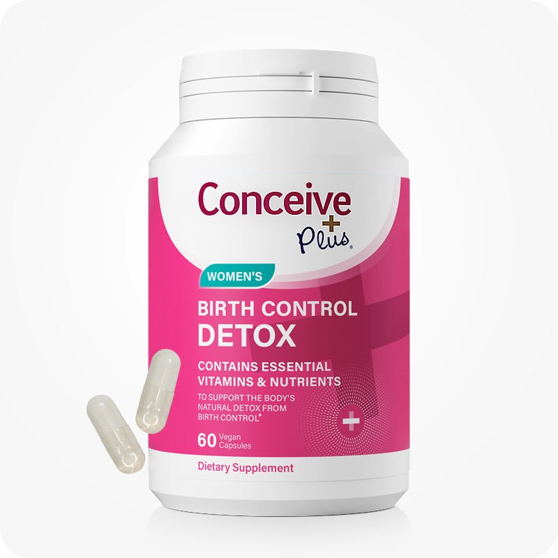 Conceive Plus Birth Control Detox bottle with 60 capsules, shown in bright pink and white packaging labeled for women's use, designed to support body’s natural detox from birth control, with two transparent capsules displayed beside container.