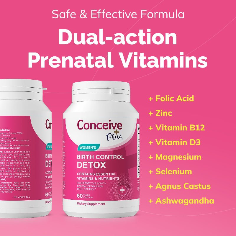 Conceive Plus prenatal vitamins on a pink background with text highlighting ingredients.