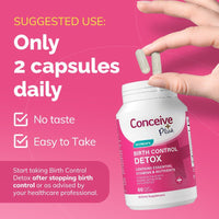 Conceive Plus birth control detox supplement bottle with text on a pink background