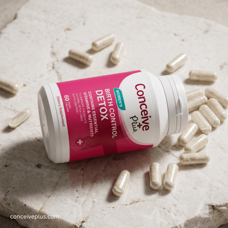 Conceive Plus birth control detox supplement bottle with capsules on a marble surface