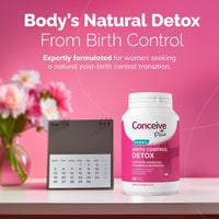 Conceive Plus birth control detox supplement bottle on a pink background with flowers and a calendar.