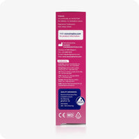 Conceive Plus Fertility Lubricant (2.5 fl. oz) box side view showing manufacturer details, distributor contacts across multiple countries, product website link, quality assurance label, and regulatory symbols on a pink background—providing essential compliance and contact information for global customers.