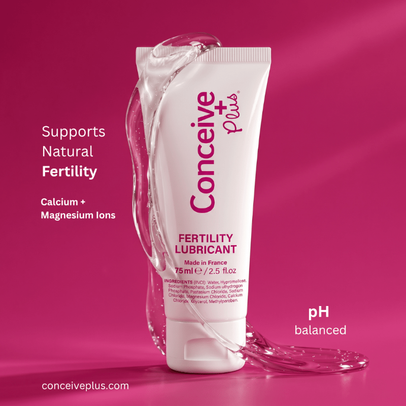 Conceive Plus fertility lubricant tube on a pink background