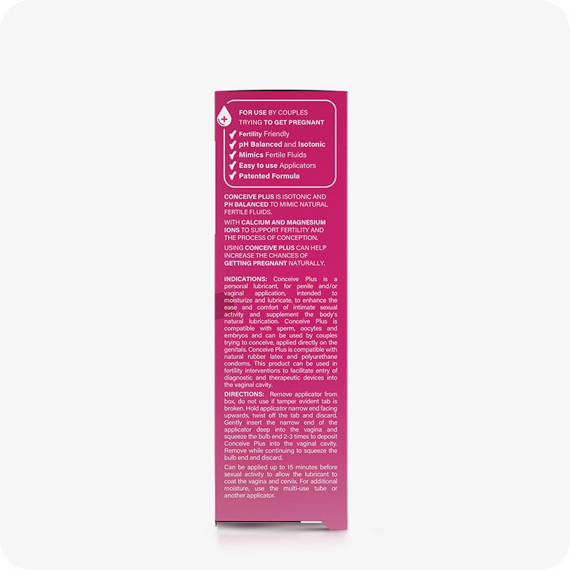 Conceive Plus Fertility Lubricant (3x4g Pre-filled Applicators) side view of product box displaying detailed usage instructions, benefits like pH balance and fertility support, and directions for application written in white text on a pink background.