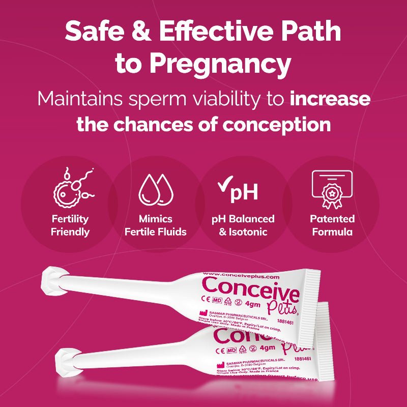 Advertisement for Conceive Plus product with text about safe and effective path to pregnancy on a pink background.
