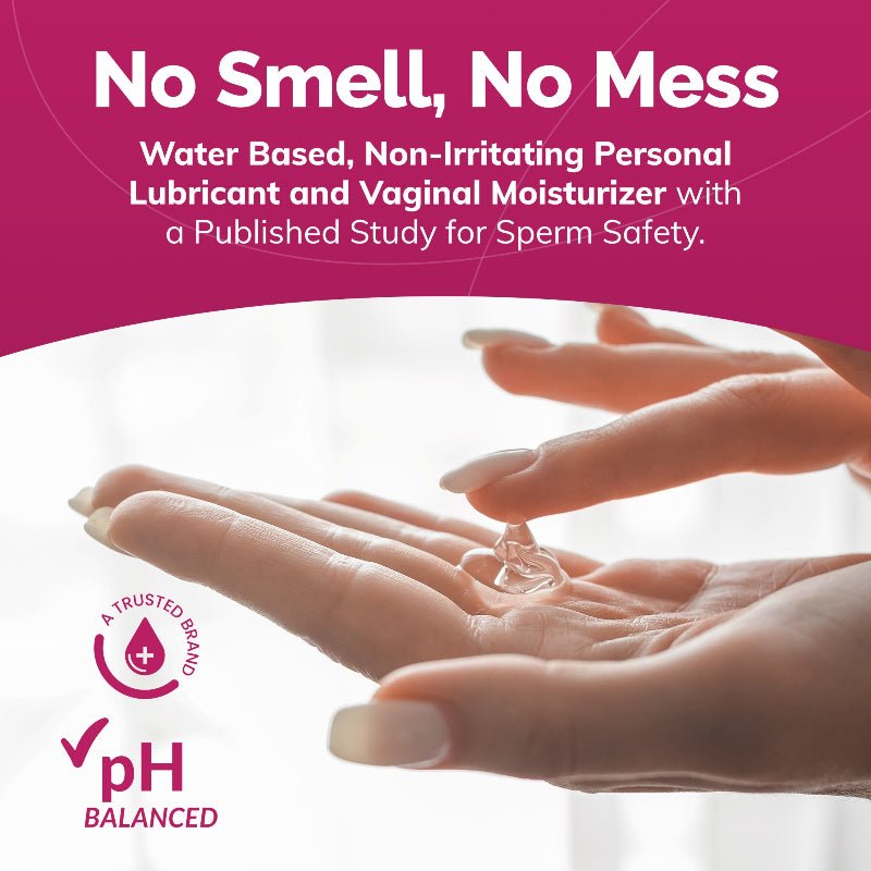 Advertisement for a water-based, non-irritating personal lubricant with hands applying product.