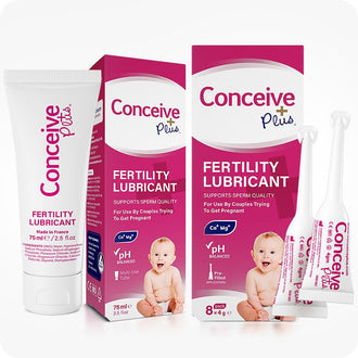 Conceive Plus Fertility Lubricant Duo Bundle (75ml and 8 Applicators) product display featuring a 75ml fertility lubricant and 8x4g pre-filled fertility lubricant applicators branded retail boxes, lubricant tube, and three pre-filled 4g applicators, all arranged upright with clear labeling and a baby image to indicate use for couples trying to conceive.