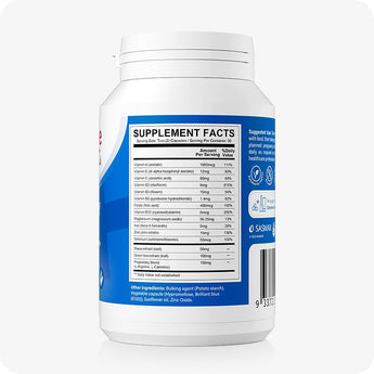 For Conceive Plus Fertility Support Bundle for Him and Her, detailed view of men’s fertility support supplement facts panel showing daily values of essential nutrients like zinc, vitamin E, folate, and maca extract—printed on bottle's blue label with a full ingredient list at bottom for informed purchasing.