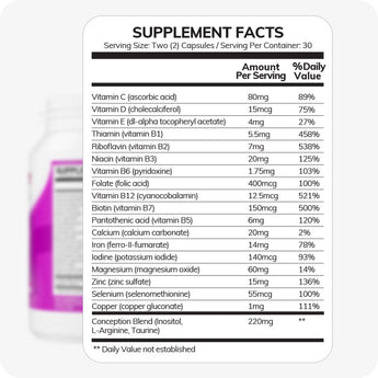 For Conceive Plus Fertility Support Bundle for Him and Her, zoomed-in men's fertility support nutritional information chart showing high-potency levels of folic acid, vitamin D, B12, biotin, iron, and a specialized 220mg Conception Blend with inositol, L-arginine, and taurine—designed for reproductive health and preconception support.