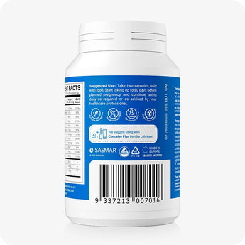 For Conceive Plus Fertility Support Bundle for Him and Her, back view of men’s fertility support supplement bottle highlighting suggested use instructions, nutritional icons, barcode, and compatibility note recommending use with Conceive Plus Fertility Lubricant—set against a crisp white background for product labeling.
