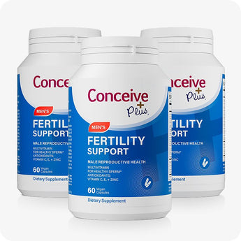 For Conceive Plus Fertility Support Bundle for Him and Her, triple pack of men’s fertility support supplements displayed in staggered formation, each bottle containing 60 vegan capsules formulated with zinc, vitamin E, and antioxidants to promote healthy sperm and male reproductive health—ideal for long-term fertility routines.