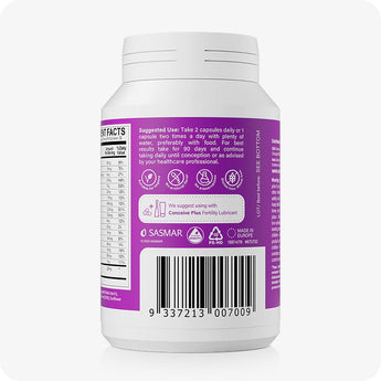 For Conceive Plus Fertility Support Bundle for Him and Her, rear label of women’s fertility support supplement bottle featuring dosage directions, health icons, barcode, and a usage recommendation to pair with Conceive Plus Fertility Lubricant—presented on purple background with nutritional chart partially visible.