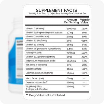 For Conceive Plus Fertility Support Bundle for Him and Her, enlarged view of men’s fertility support supplement facts label showing daily values for vitamins A, C, E, B-complex, zinc, selenium, maca root, green tea extract, and a proprietary blend with L-Arginine and L-Carnitine—presented in black-and-white format.