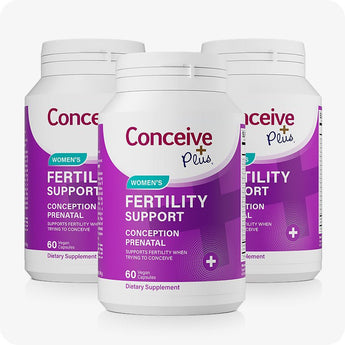 For Conceive Plus Fertility Support Bundle for Him and Her, triple pack of women’s fertility support supplements arranged in a white background, each bottle offering 60 vegan capsules enriched with conception-focused multivitamins—ideal for ongoing fertility support and pre-pregnancy planning.