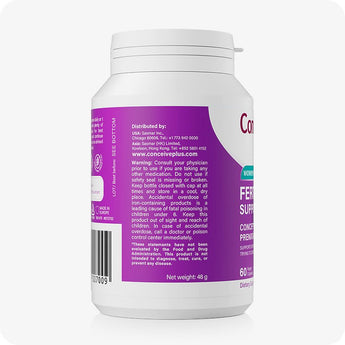 For Conceive Plus Fertility Support Bundle for Him and Her, side label of women’s fertility support supplement bottle showing distributor contacts in the UK, EU, and Asia, along with cautionary notes, allergy advice, barcode, and net weight of 48g—providing essential product safety and regulatory details.