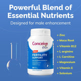 Supplement bottle labeled 'Conceive Plus' with text about essential nutrients on a blue background