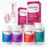 Conceive Plus Maximum Fertility Bundle product display showing a complete set of fertility support supplements for men and women, including motility, ovulation, and prenatal capsules, alongside fertility lubricant tube and pre-filled applicators—all arranged on a white background with clear, legible branding.
