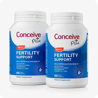 Conceive Plus Men's Fertility Support twin-pack featuring two 60-capsule bottles designed to support male reproductive health, with bold blue and white packaging, highlighting antioxidant vitamins and multivitamin formulation for healthy sperm. Ideal for extended use or bundled purchase savings.