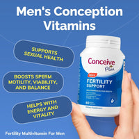 Bottle of Conceive Plus Men's Fertility Support vitamins held by a hand against a blue background with text about benefits.
