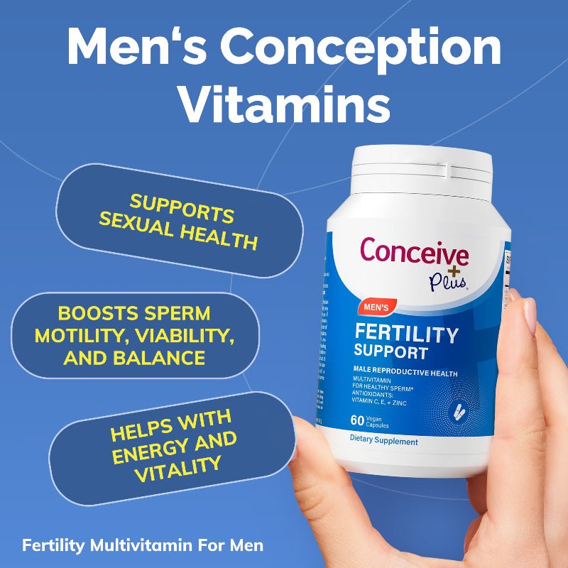 Bottle of Conceive Plus Men's Fertility Support vitamins held by a hand against a blue background with text about benefits.