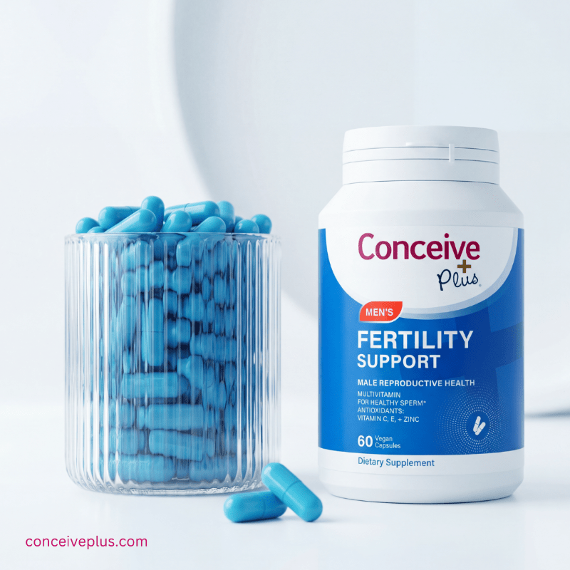 Supplement bottle labeled 'Conceive Plus' with blue capsules on a light background