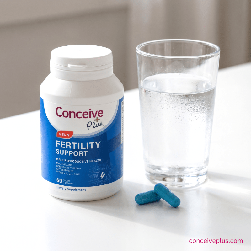 Conceive Plus fertility support supplement bottle with a glass of water on a white surface.