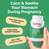 Conceive Plus morning sickness relief supplement bottle with text on a green background