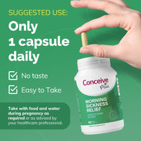 Conceive Plus morning sickness relief capsule and container with text on a green background