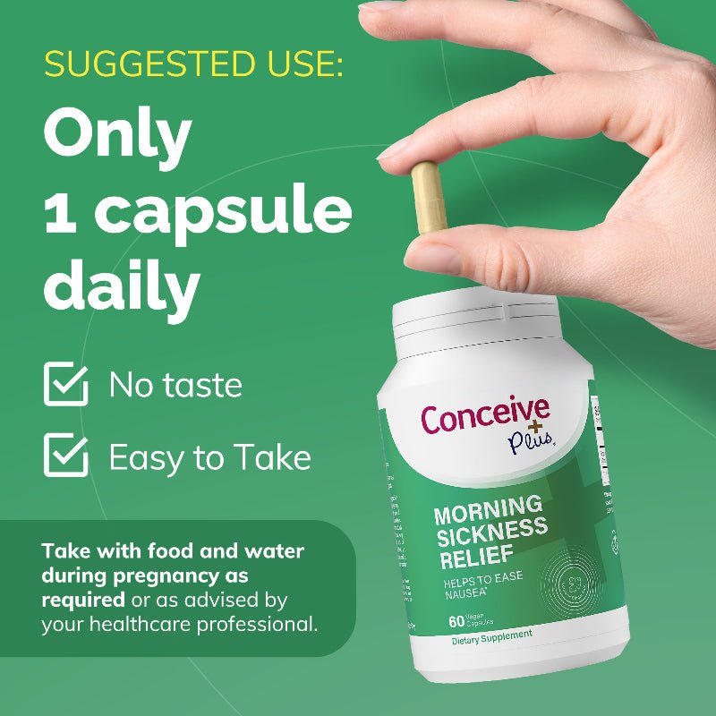 Conceive Plus morning sickness relief capsule and container with text on a green background