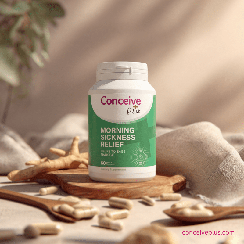 Conceive Plus morning sickness relief supplement bottle on a wooden surface with scattered pills.