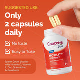 Supplement bottle labeled 'Conceive Plus' with capsules on an orange background