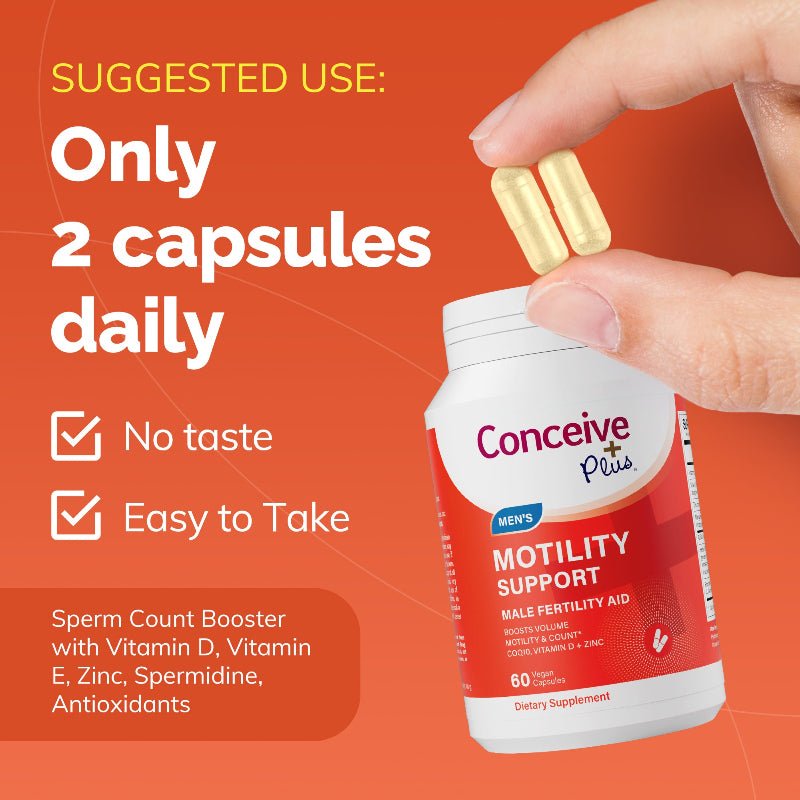 Supplement bottle labeled 'Conceive Plus' with capsules on an orange background