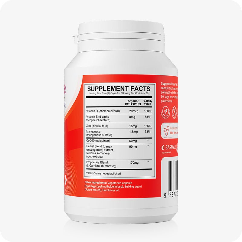 For Conceive Plus Motility Booster Bundle, supplement facts panel on Men’s Motility Support bottle, displaying ingredient amounts for Vitamin D, Vitamin E, Zinc, CoQ10, herbal blends, and L-Carnitine on a red background with black-and-white nutritional table for user transparency.