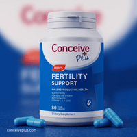 Supplement bottle labeled 'Conceive Plus' for men's fertility support on a blue background