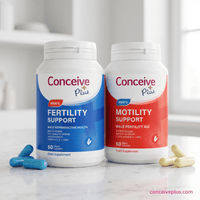 Two Conceive Plus men's fertility support supplement bottles on a marble surface.