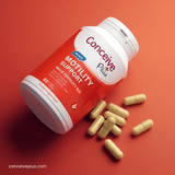 Supplement bottle labeled 'Conceive Plus' with capsules on a red background