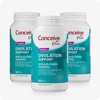 Conceive Plus Ovulation Support 3-pack set featuring three full-size bottles with teal and white design, each labeled with key ingredients like Myo & D-Chiro Inositol and CoQ10, ideal for extended ovulation support and hormone balance over multiple months.