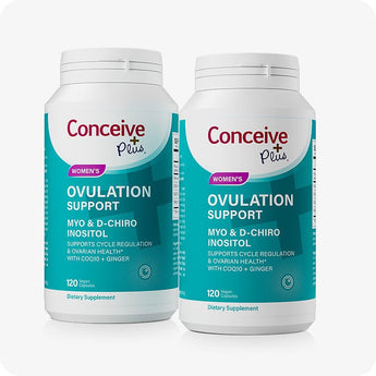 Conceive Plus Ovulation Support twin pack featuring two identical bottles with teal and white labels, each containing 120 vegan capsules formulated with Myo & D-Chiro Inositol, CoQ10, and Ginger for promoting ovulation and hormonal balance.