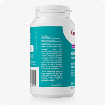 Conceive Plus Ovulation Support supplement bottle displayed from side, showing distribution details, safety warnings, and usage precautions printed on teal label, with barcode and website URL also visible on lower half.