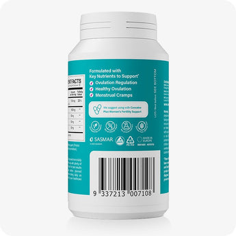 Conceive Plus Ovulation Support supplement bottle turned to display nutritional highlights, showing benefits like ovulation regulation and menstrual cramp support, along with usage suggestion, barcode, and certification icons printed on back label.
