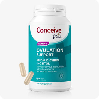 Conceive Plus Ovulation Support bottle featuring a teal and white label with bold text highlighting “Myo & D-Chiro Inositol” and “Supports Cycle Regulation & Ovarian Health,” shown alongside two beige capsules to indicate supplement form and dosage.