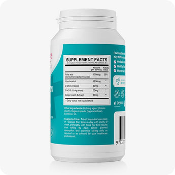 Conceive Plus Ovulation Support bottle positioned to show detailed Supplement Facts panel, listing key ingredients such as Myo-Inositol, Folic Acid, CoQ10, and Ginger Root Extract, with dosage instructions and additional ingredient information printed on teal label.