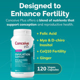 Supplement bottle labeled 'Conceive Plus' on a teal background with text about fertility support.