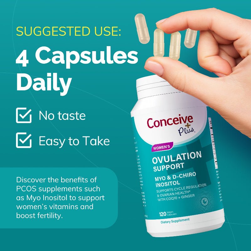 Supplement bottle labeled 'Conceive Plus' with capsules and text on a teal background