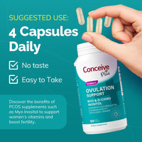 Supplement bottle labeled 'Conceive Plus' with capsules and text on a teal background