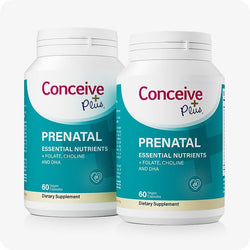 Conceive Plus Prenatal with DHA twin bottle pack featuring two 60-count containers of vegan capsules with teal and white labeling, designed for essential prenatal support with folate, choline, and DHA, placed on white background.