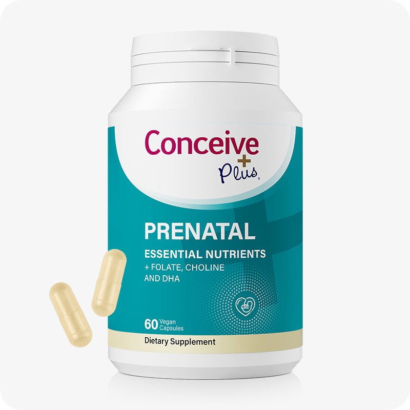 Conceive Plus Prenatal with DHA supplement bottle shown with teal and white label displaying "Essential Nutrients + Folate, Choline and DHA," alongside two beige vegan capsules on white background, designed to support women’s prenatal health with 60-count packaging.