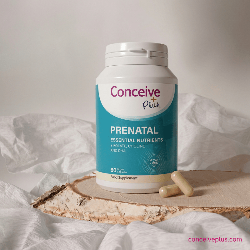 Conceive Plus prenatal supplement bottle on a wooden surface with a white background