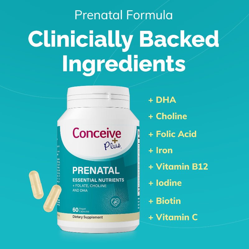 Prenatal supplement bottle with key ingredients listed on a teal background