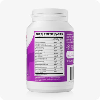 Conceive Plus Women's Fertility Support supplement bottle angled to show full Supplement Facts label, listing vitamins, minerals, and active ingredients per serving, with purple-and-white design providing detailed nutritional transparency.